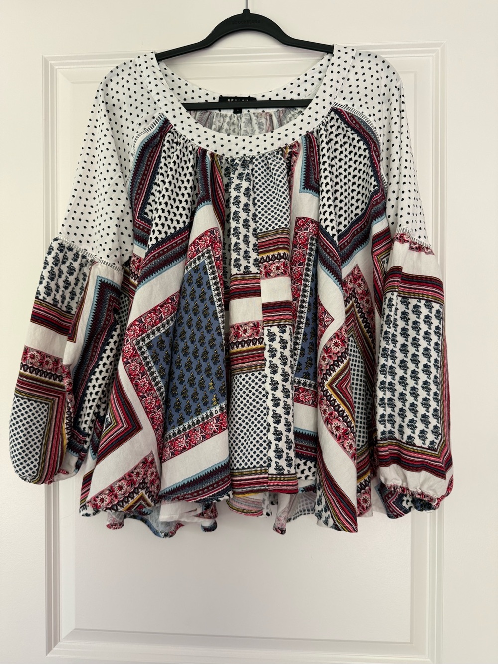 Beulah White Patchwork Peasant Top with Blue & Red Accents